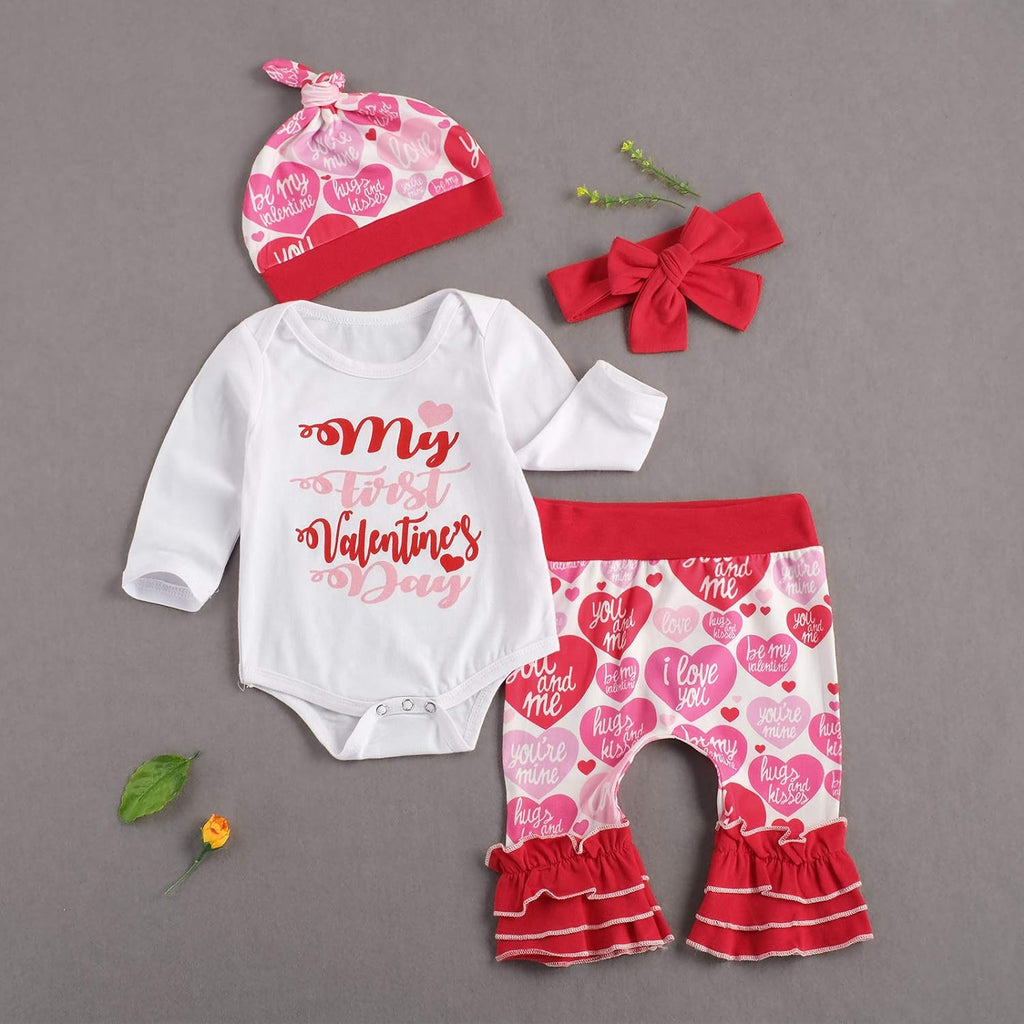 Newborn Baby Girls Valentine'S Day Outfits Ruffle Long Sleeve Romper Love Long Pants Headband 3Pcs Clothes (My First Valentine'S Day, 0-3M)